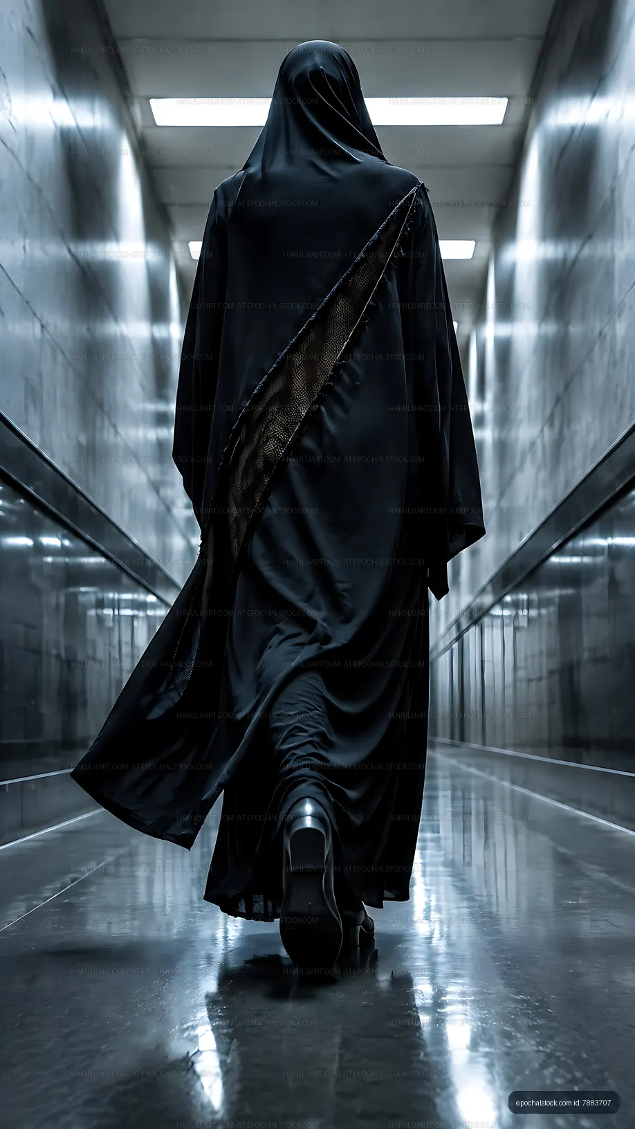 Mysterious figure walking down a dimly lit corridor