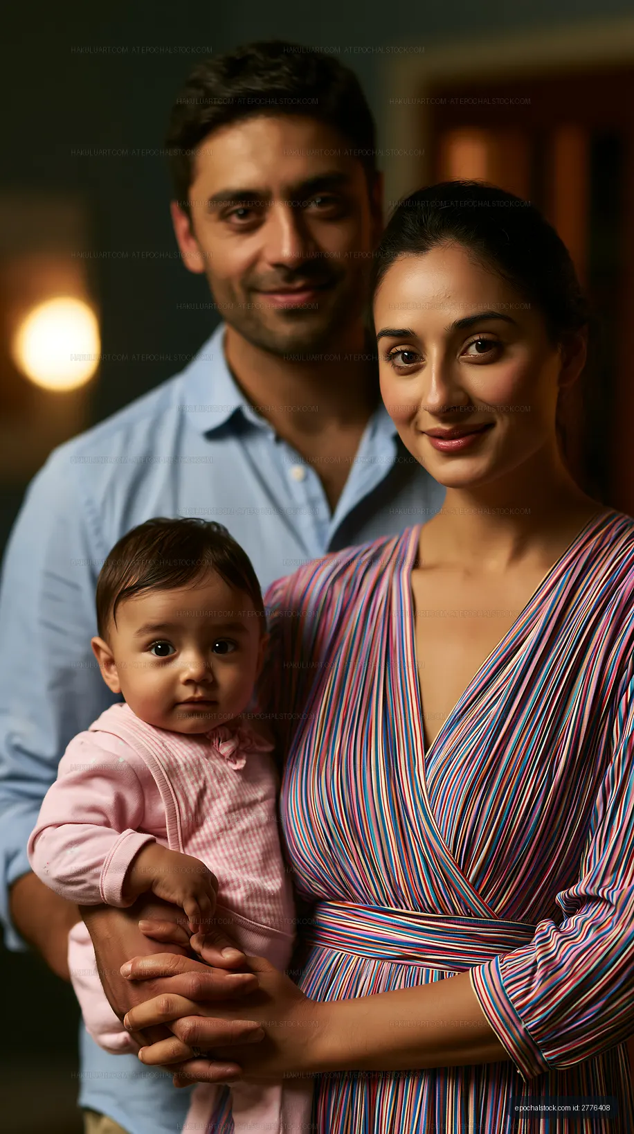 Family portrait with parents holding their baby indoors