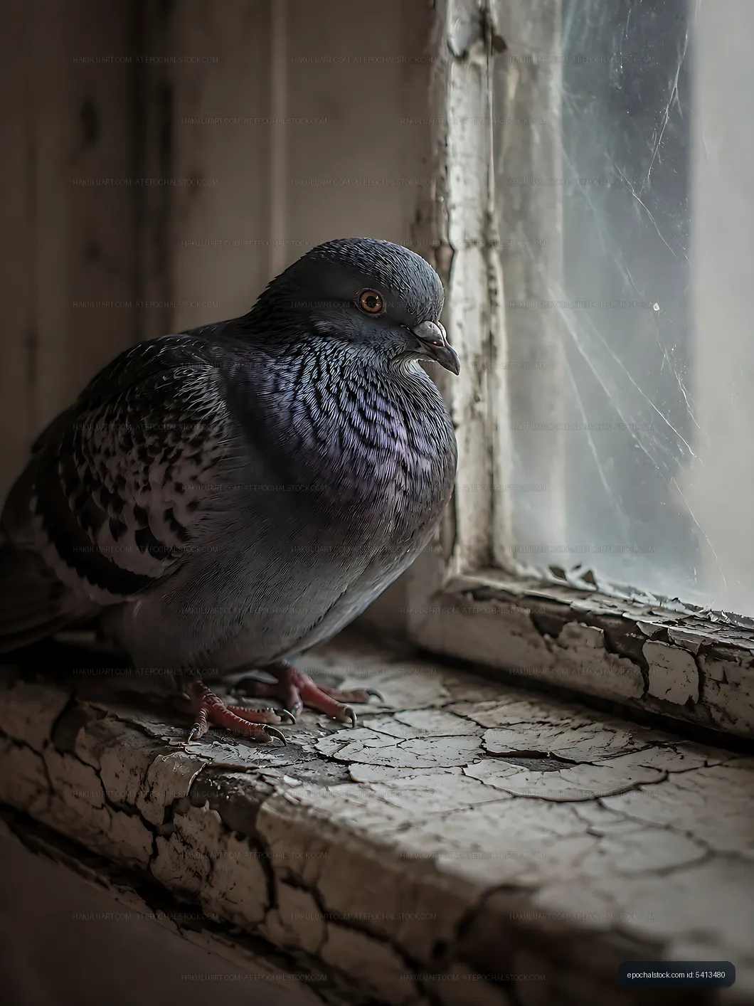 Pigeon resting on a windowsill in an old building