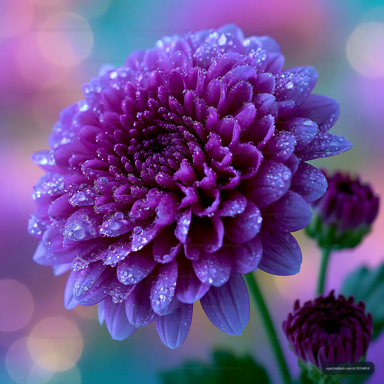 Purple flower with dew drops and blurred background