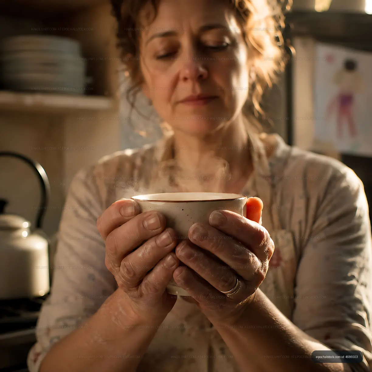 Woman enjoying hot drink in kitchen with clay mug