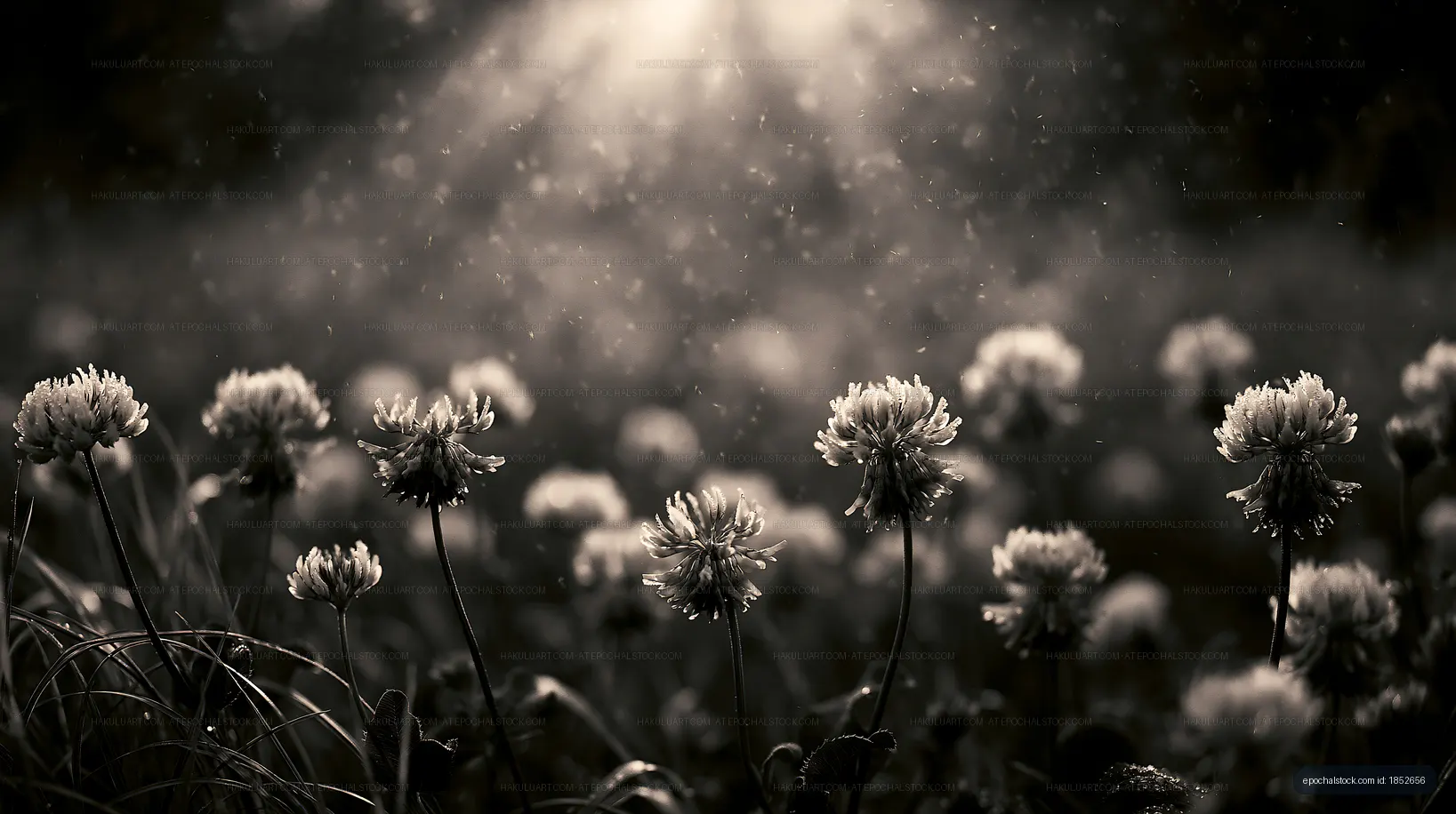 Light rays shining on blooming flowers in a field