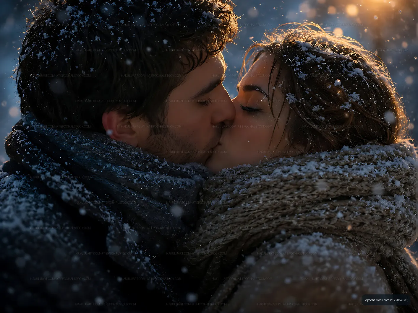 Couple kisses in snowfall during winter evening