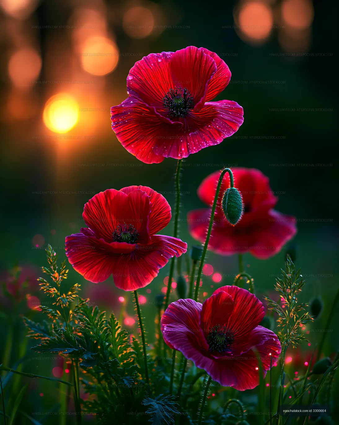 Red poppy flowers bloom in sunlight at dusk