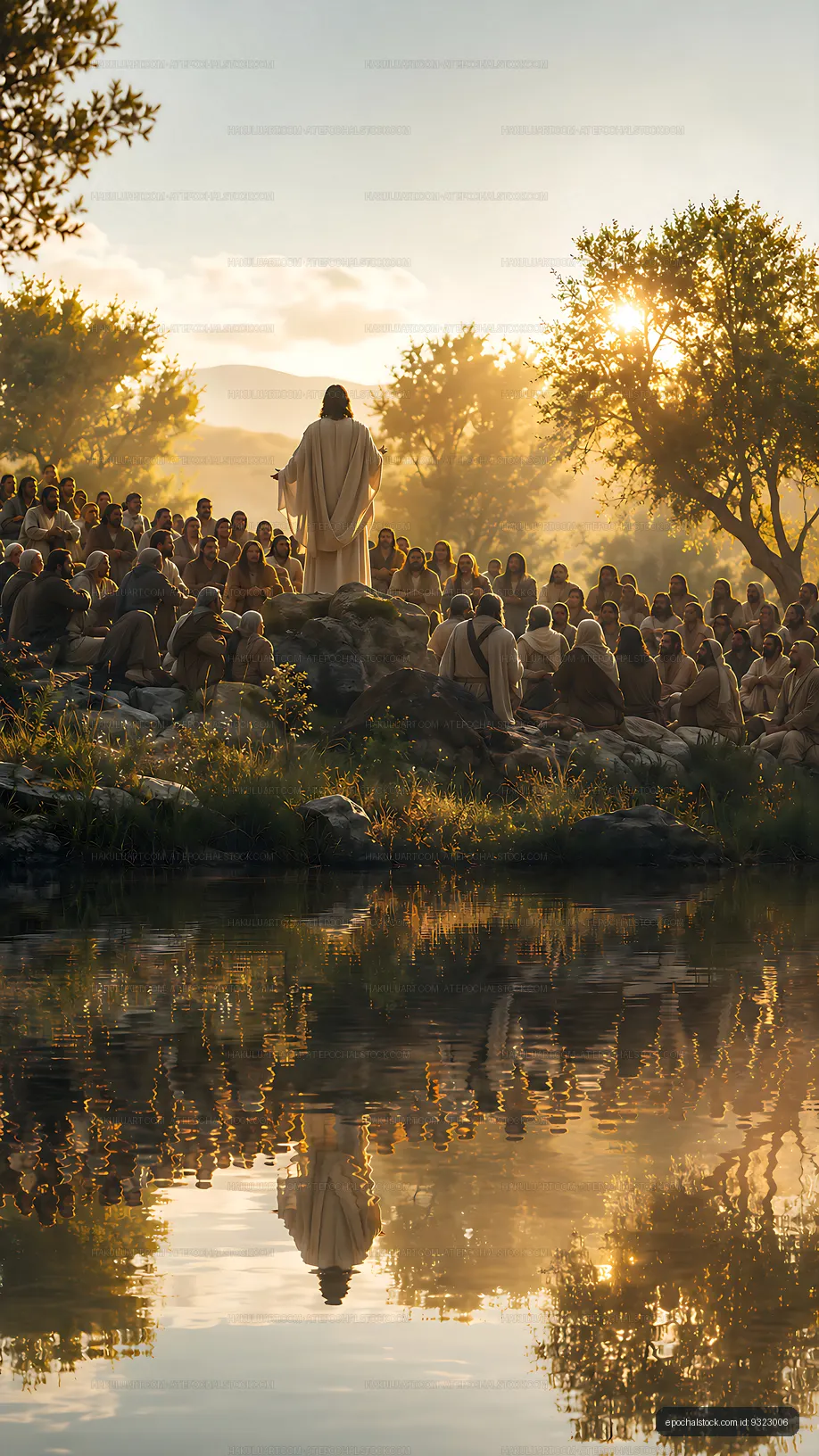 Jesus preaching to a large crowd by a body of water at sunset