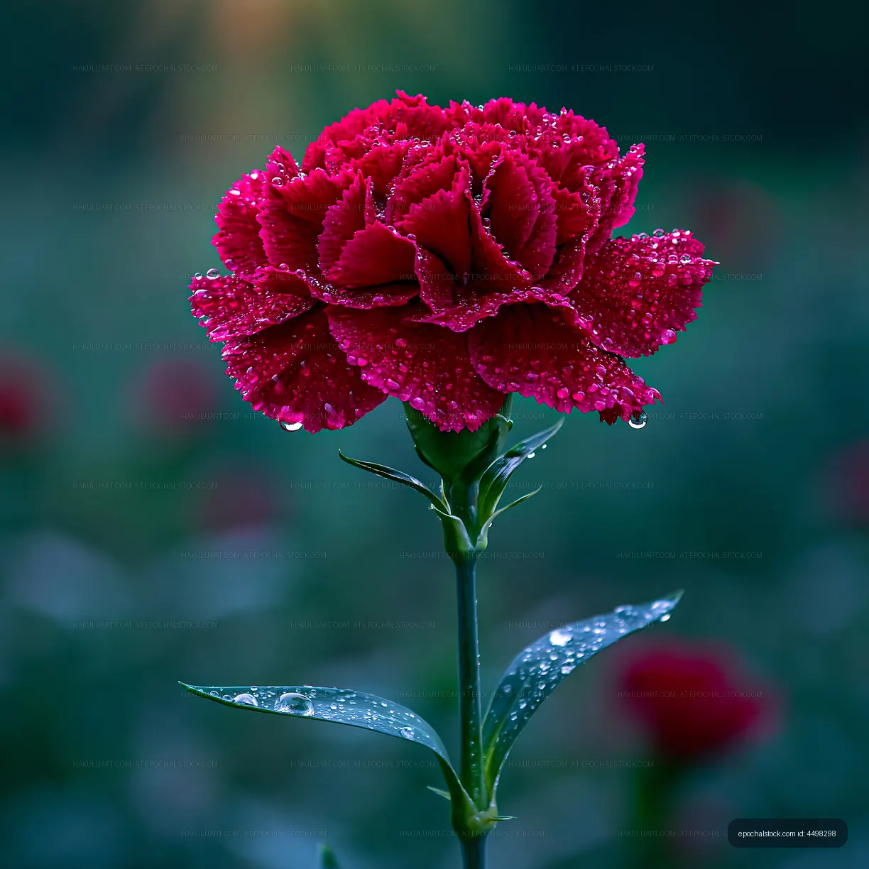 Red carnation flower with dew drops in garden