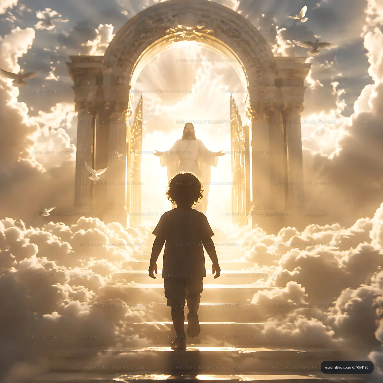 Child walking towards a glowing doorway in heavenly clouds