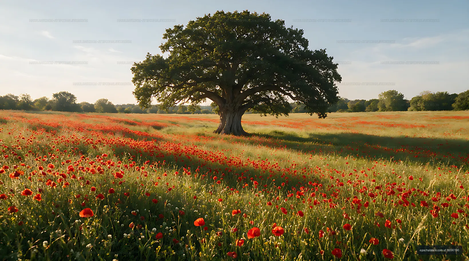 Vibrant field with a tree and blooming poppies under a blue sky