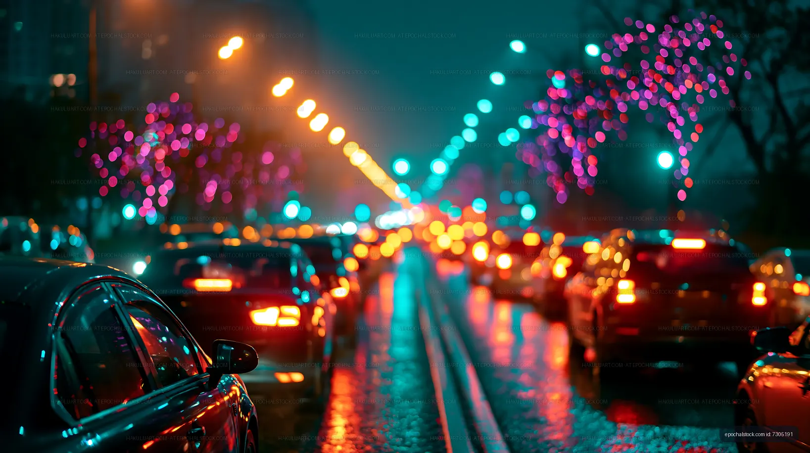 City street at night with cars and colorful lights