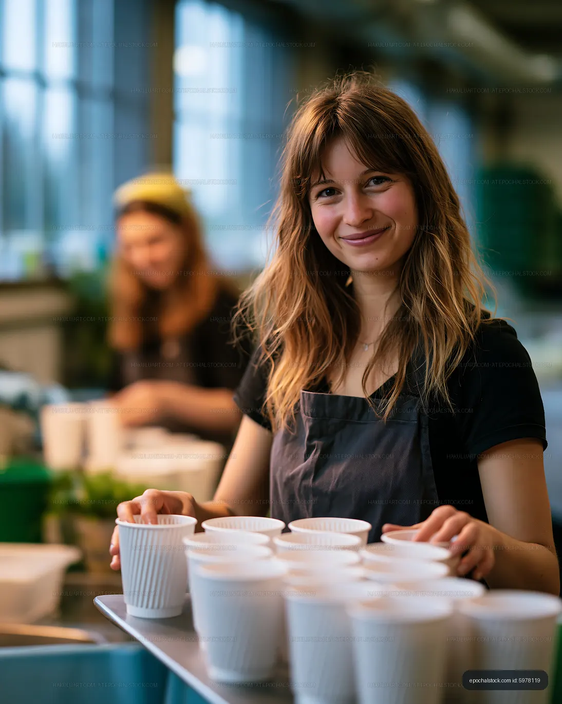 Woman serving cups in a cafe during daytime