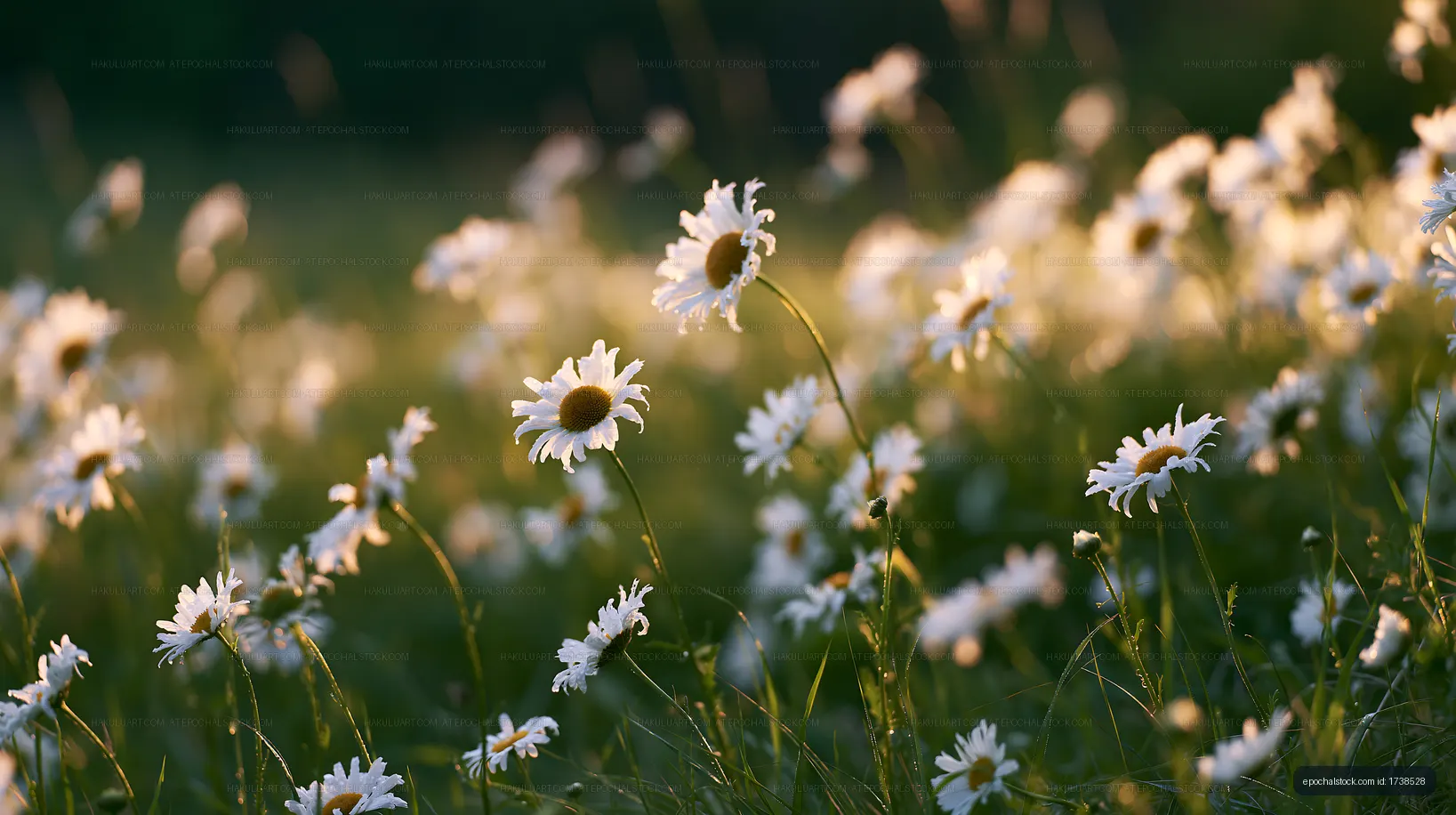 Field of daisies swaying in the warm sunlight during springtime