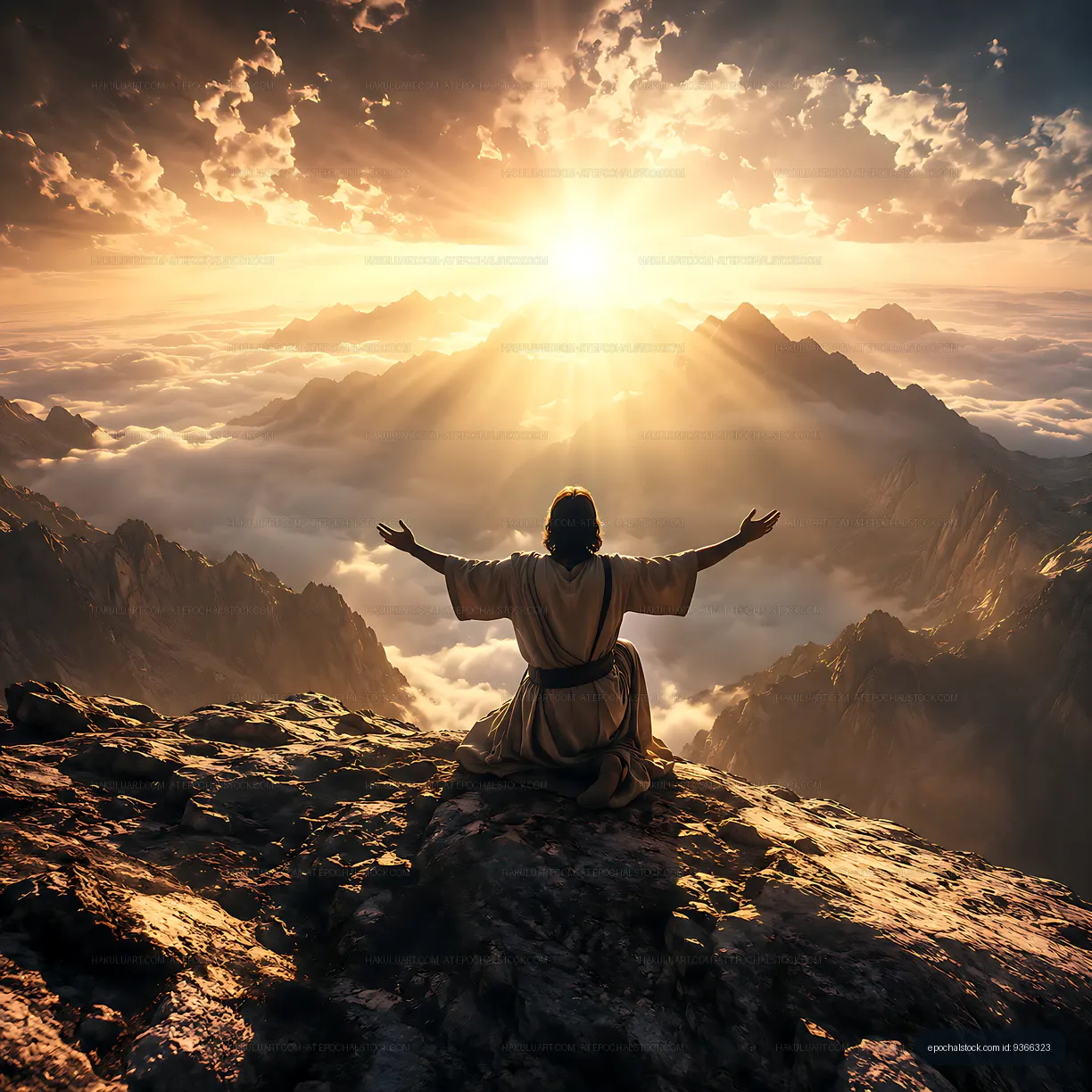 Person with outstretched arms on mountain overlooking sunset