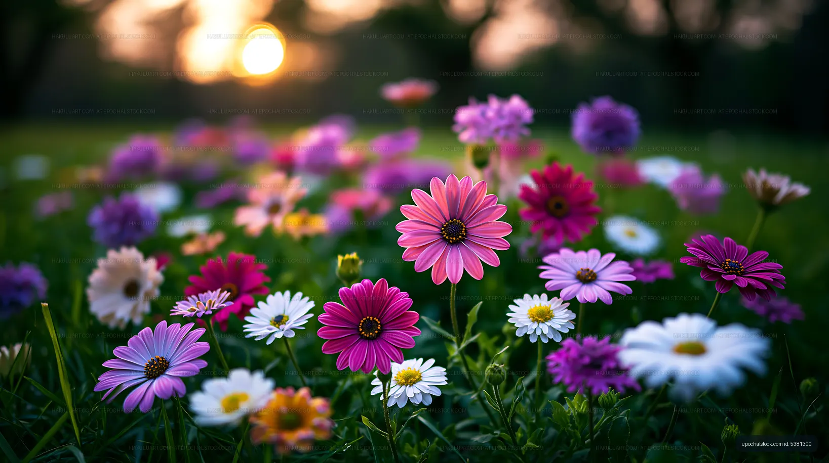 Colorful flowers blooming in a field during sunset