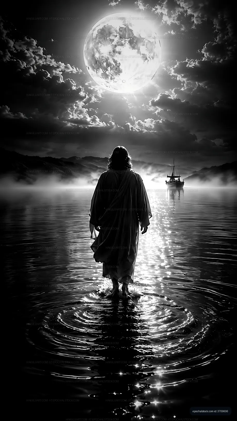 Person walking on water under a large moon with a boat nearby