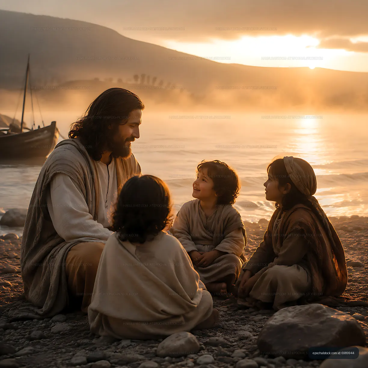 Man sitting with children near water during sunset