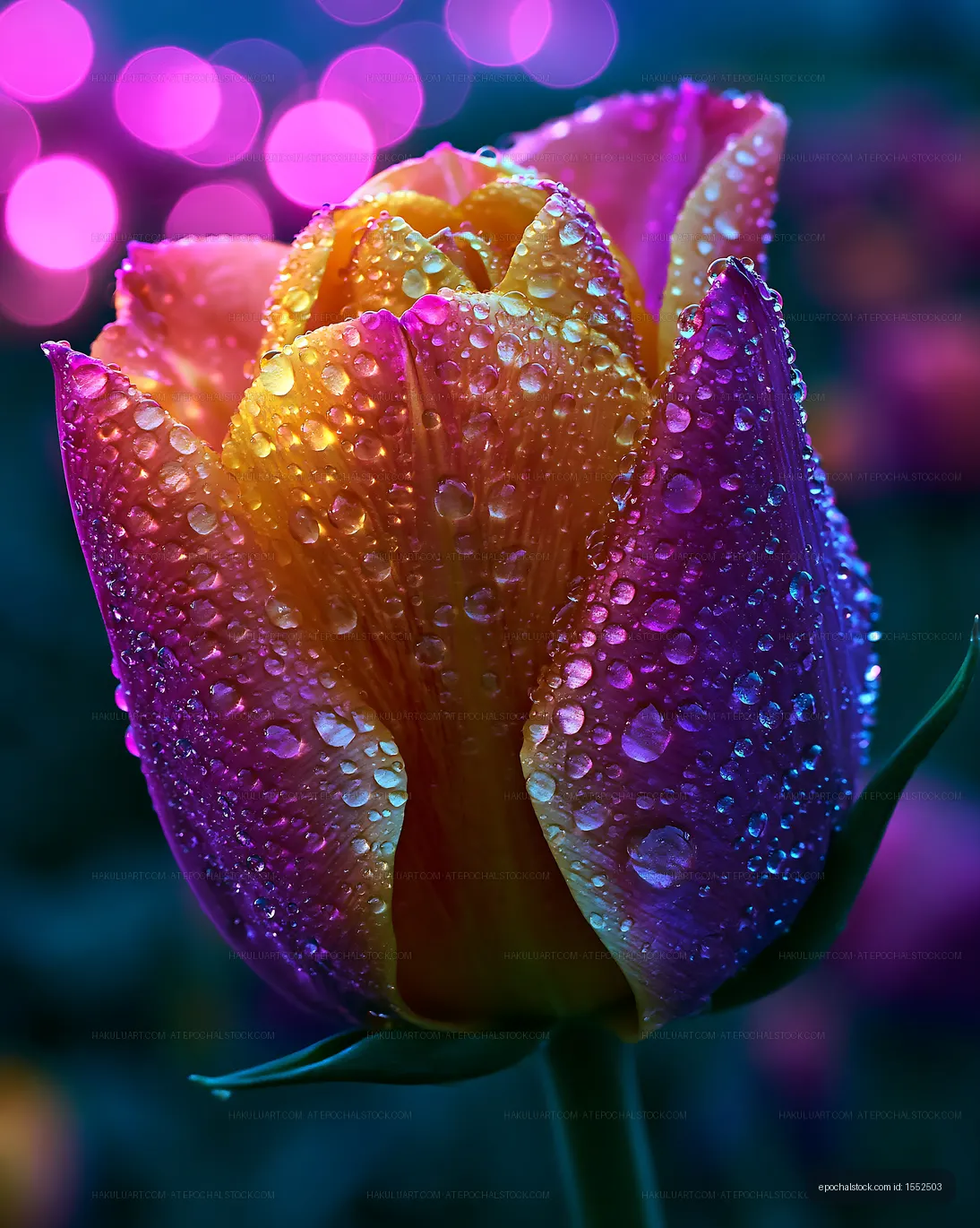 Colorful rose with water droplets in garden setting