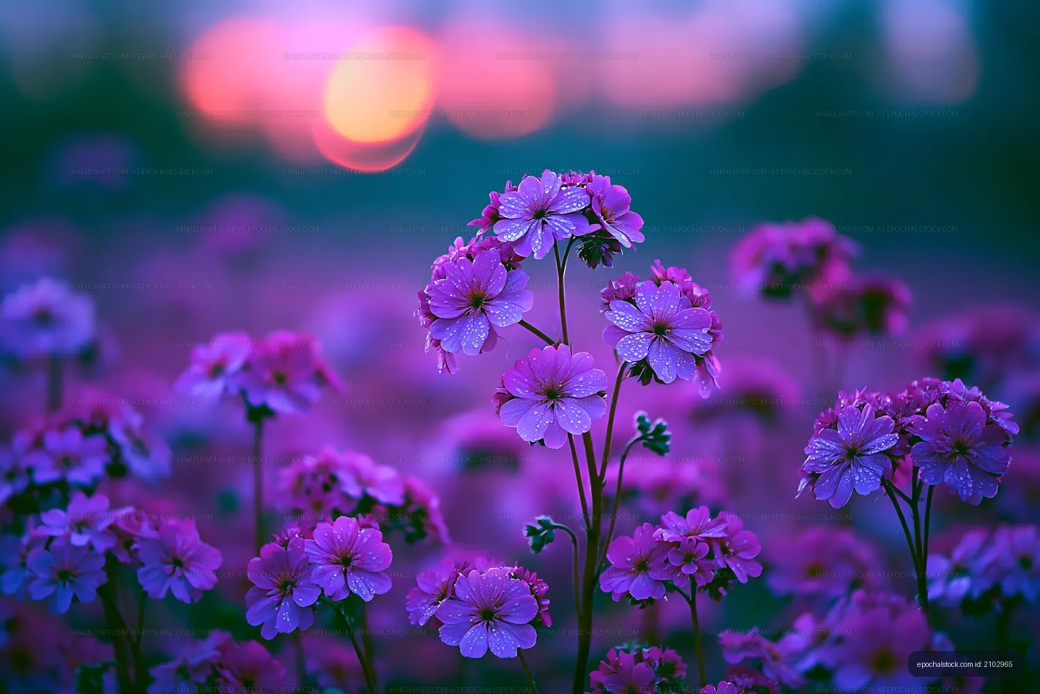 Flowers bloom in purple field during sunset