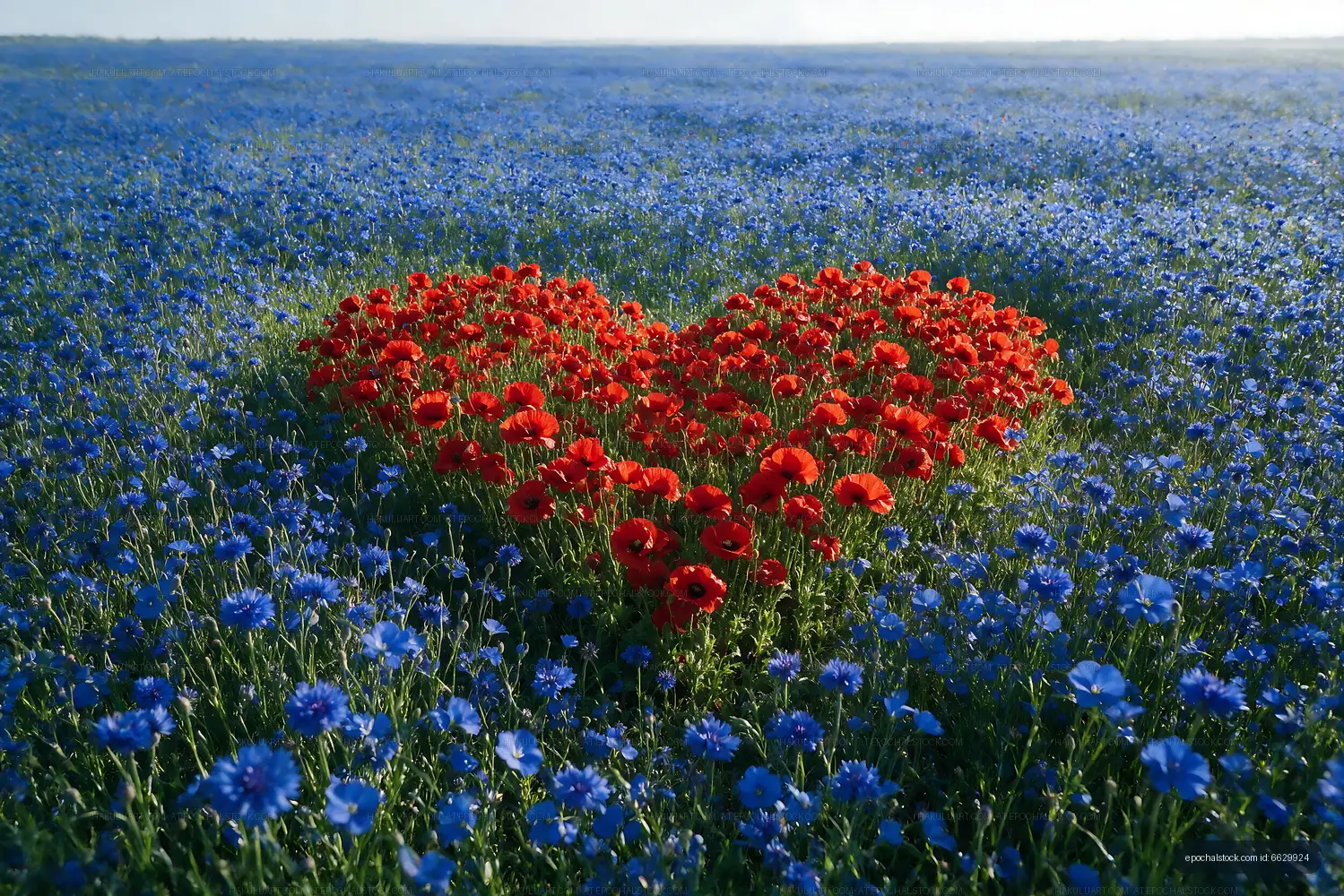 Red flowers form heart shape in a blue flower field