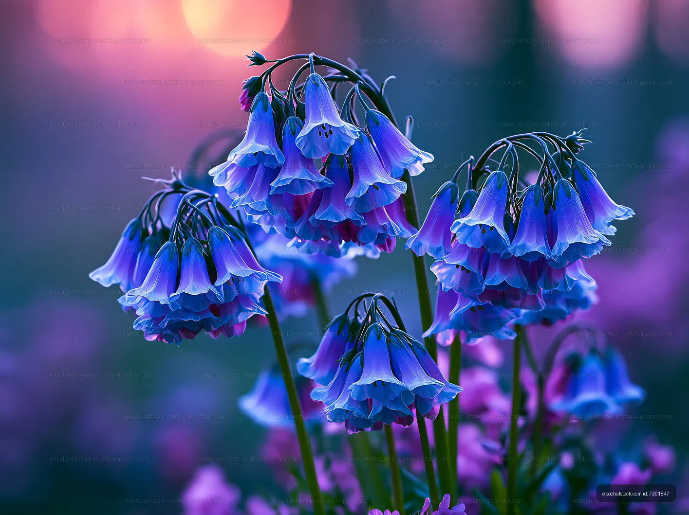 Vibrant blue flowers in a natural setting at sunset