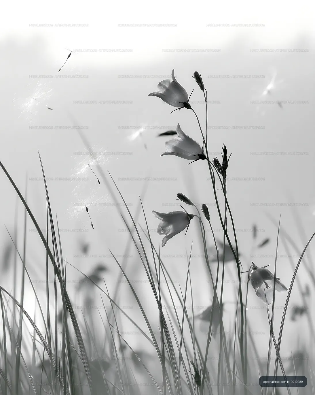 Flowers sway in the wind in a field during a sunny day