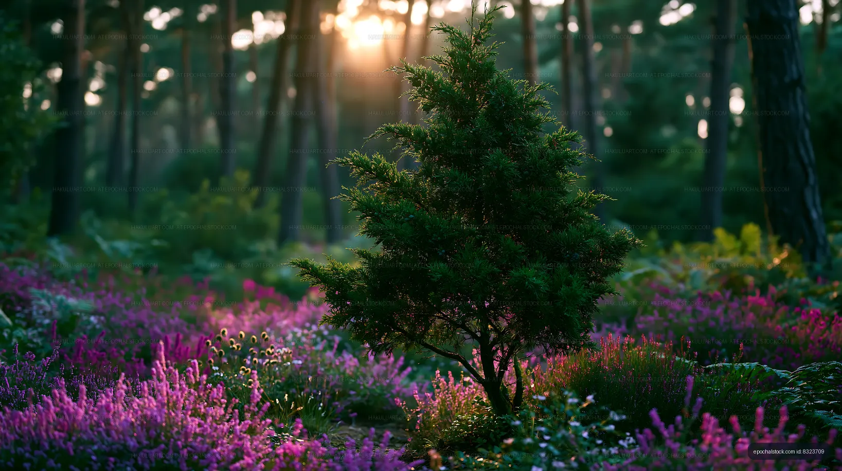Sunlight shining through trees in a blooming forest area