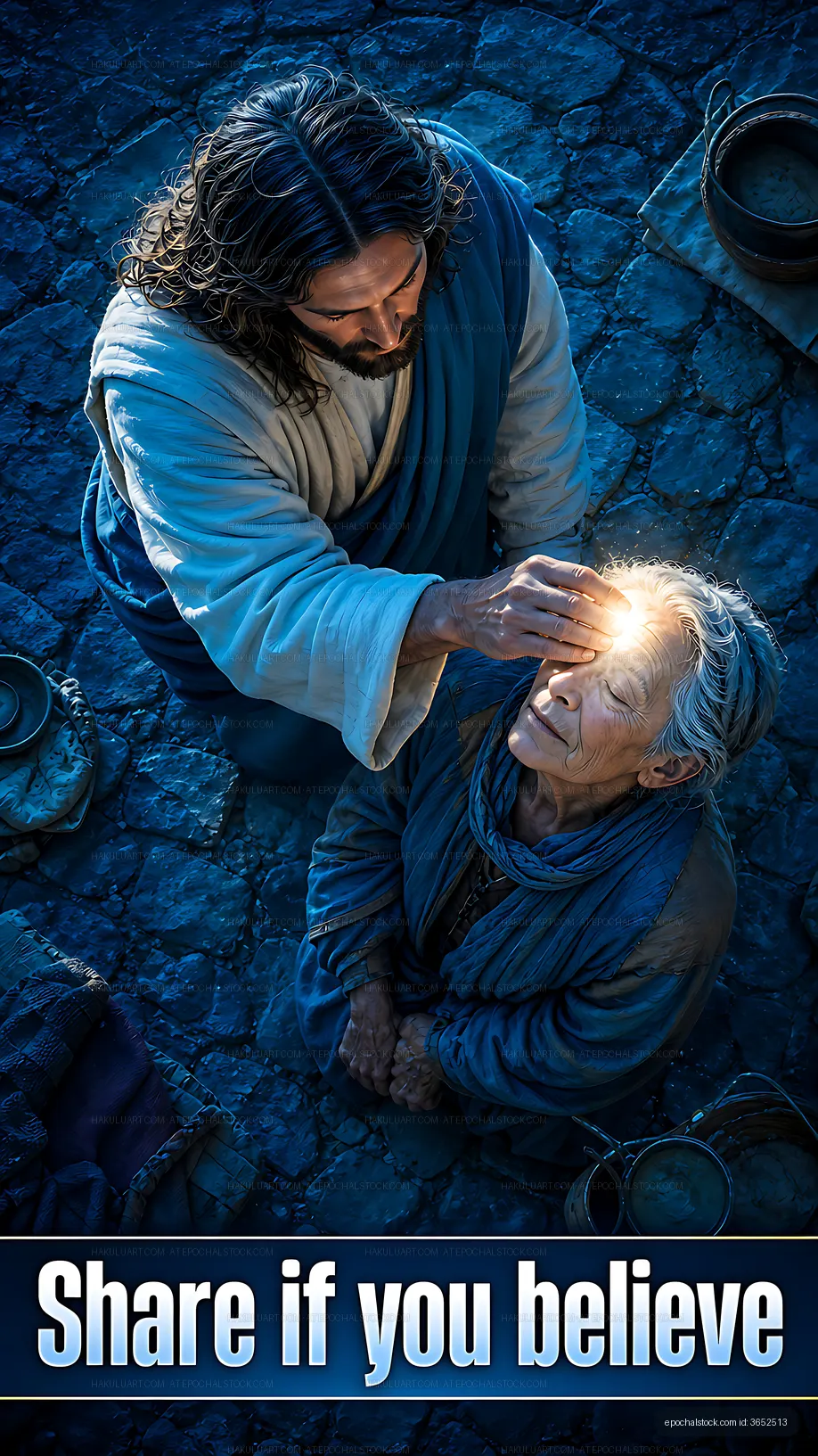 Man touching the forehead of an older woman in a historical setting