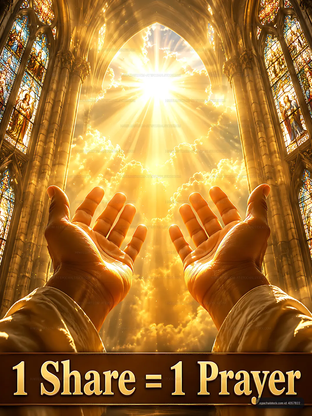 Hands raised in a church with sunlight shining through stained glass