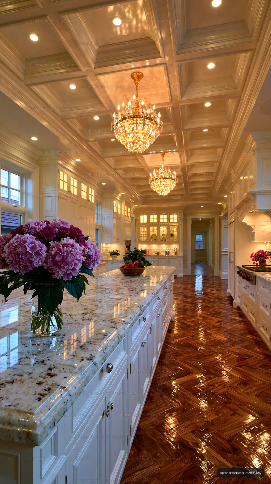 Spacious kitchen with elegant design and floral arrangement