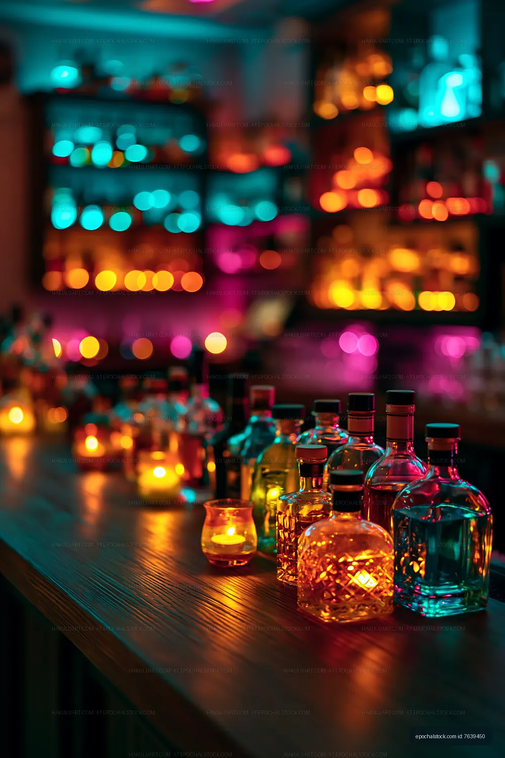 Colorful lights reflect on bottles in a bar