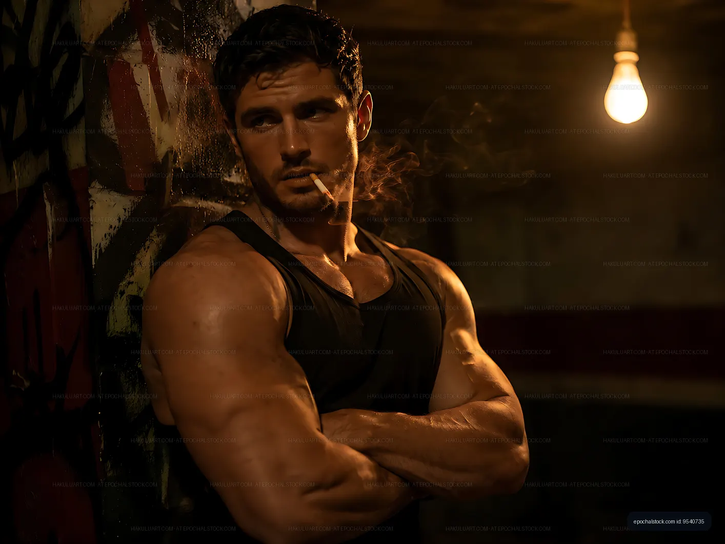 Man with muscular build in tank top stands in dimly lit space