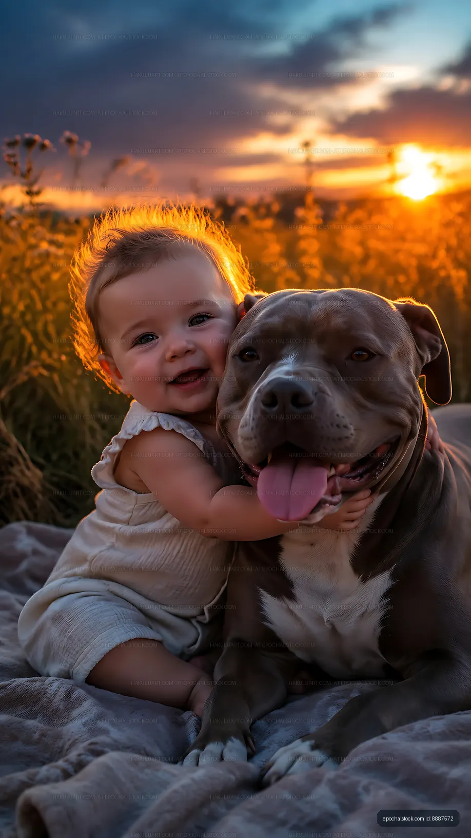 Child hugging dog during sunset in a field