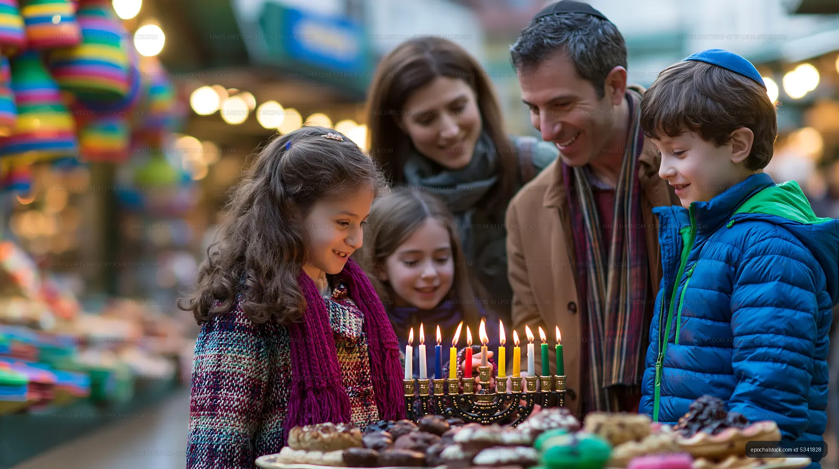 Family celebrates Hanukkah with menorah and pastries at market
