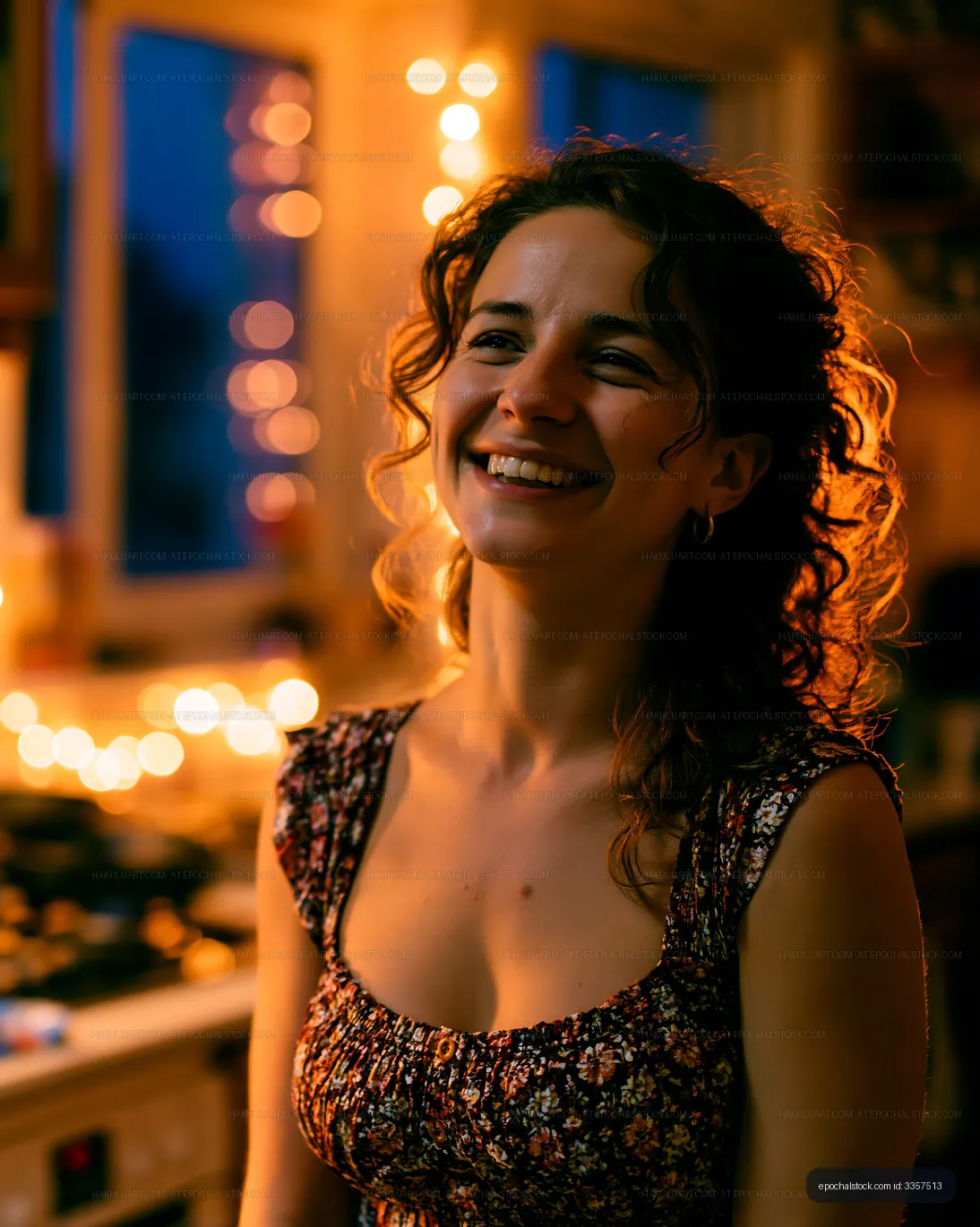 Woman smiling in cozy kitchen with lights in the evening