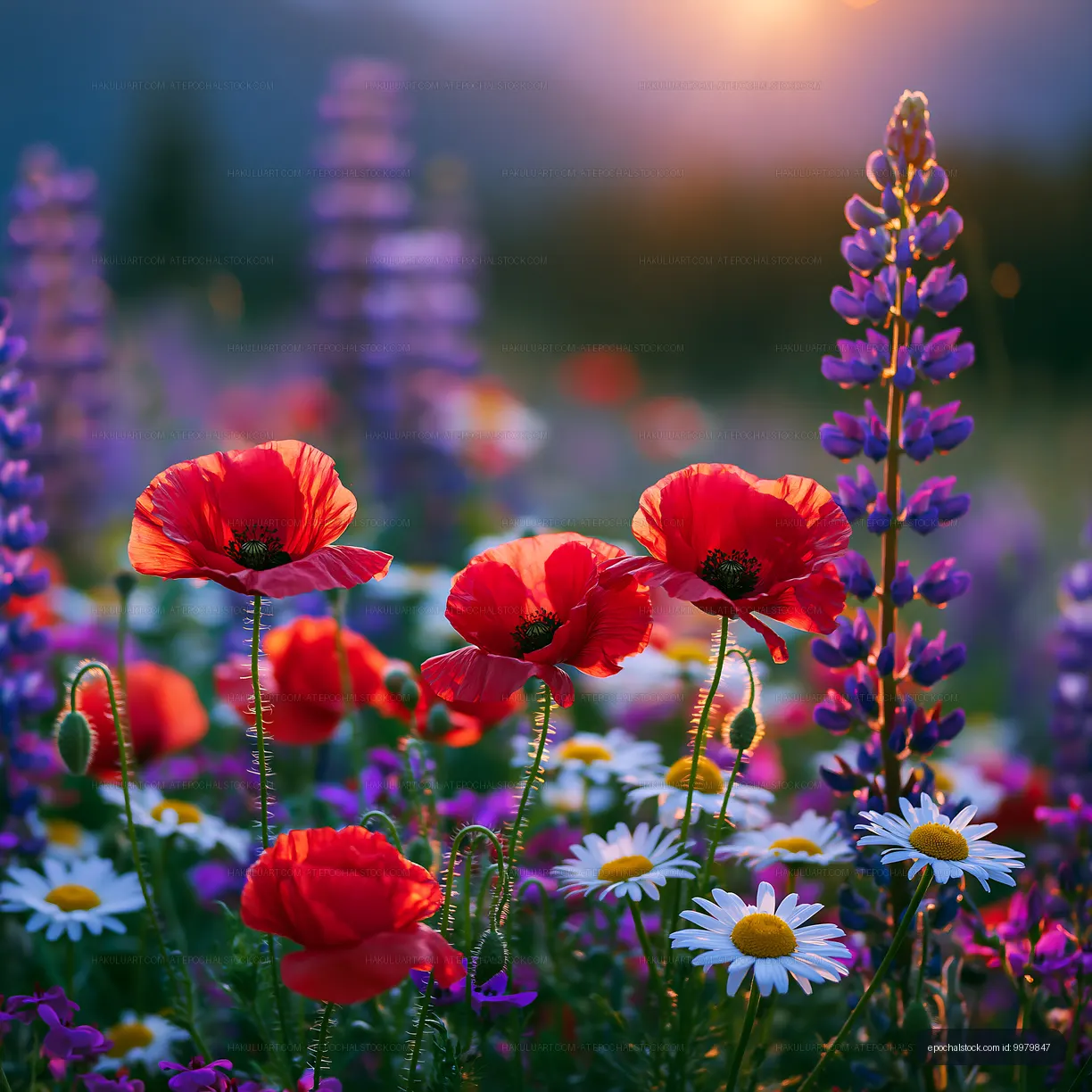 Vibrant wildflowers in a field during sunset