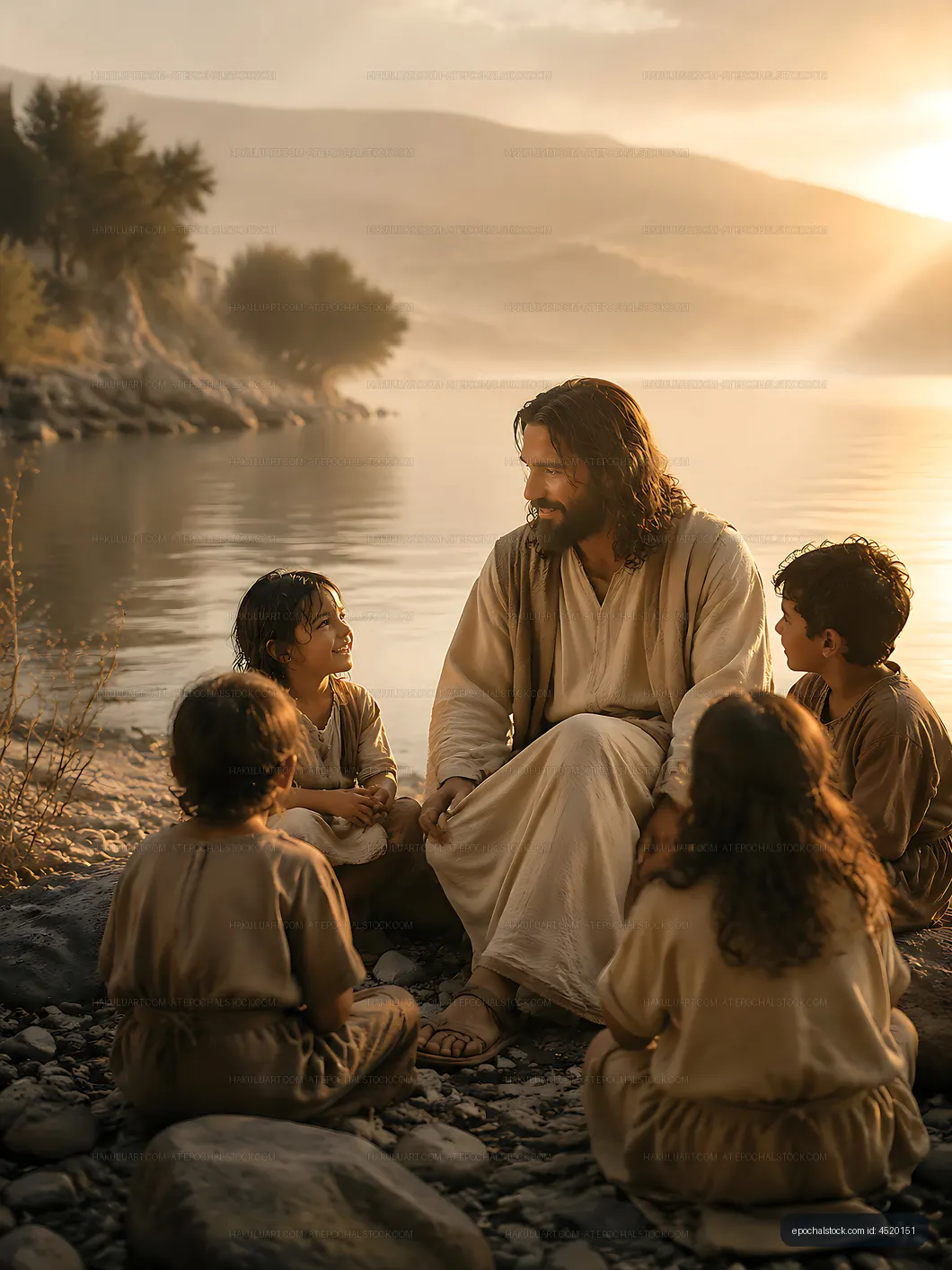 Jesus teaching children by the water at sunrise