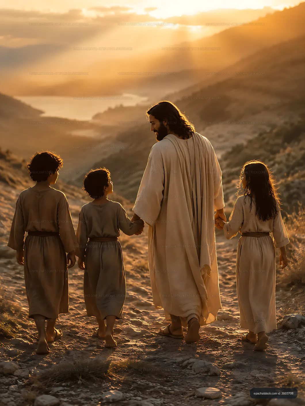 Walking together at sunset in a valley