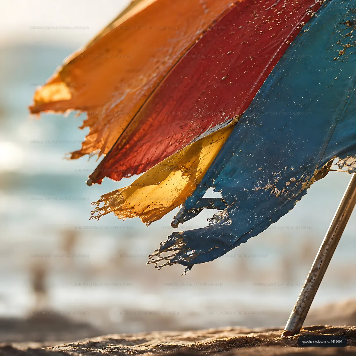Colorful beach umbrella with wear and tear near the sea