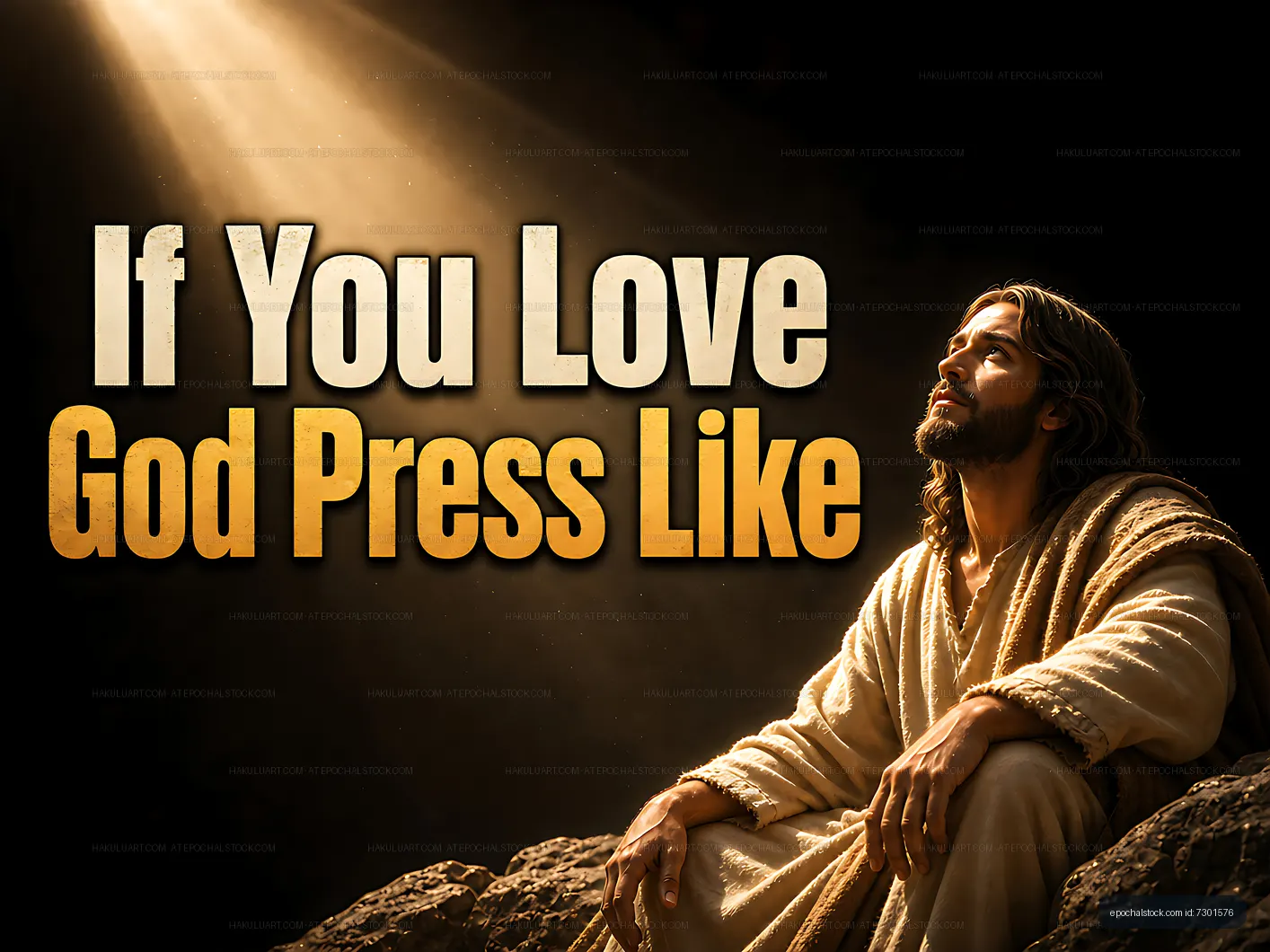 Man sitting on rocks under light with text about loving God