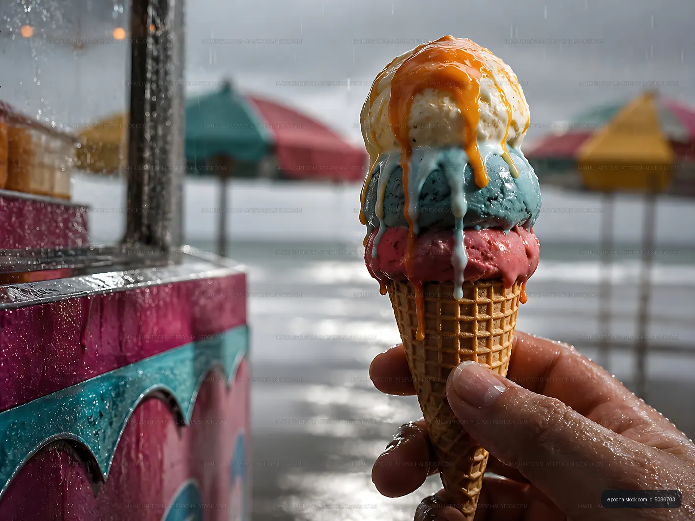 Colorful ice cream cone held near beach under cloudy sky
