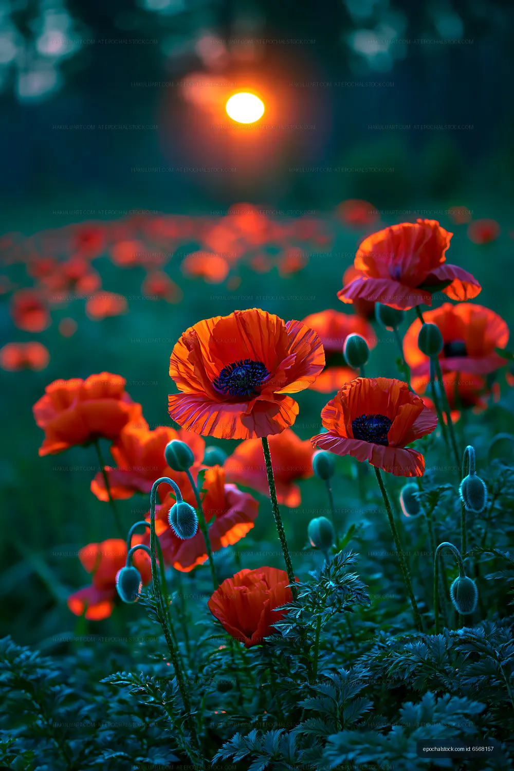Bright orange poppies bloom at sunset in a field