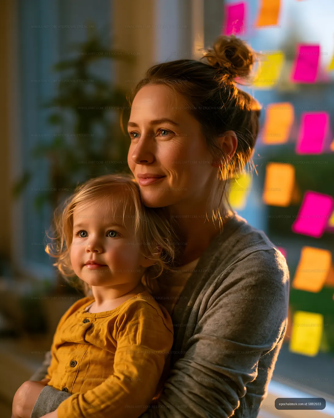 Woman holding child near colorful sticky notes on window