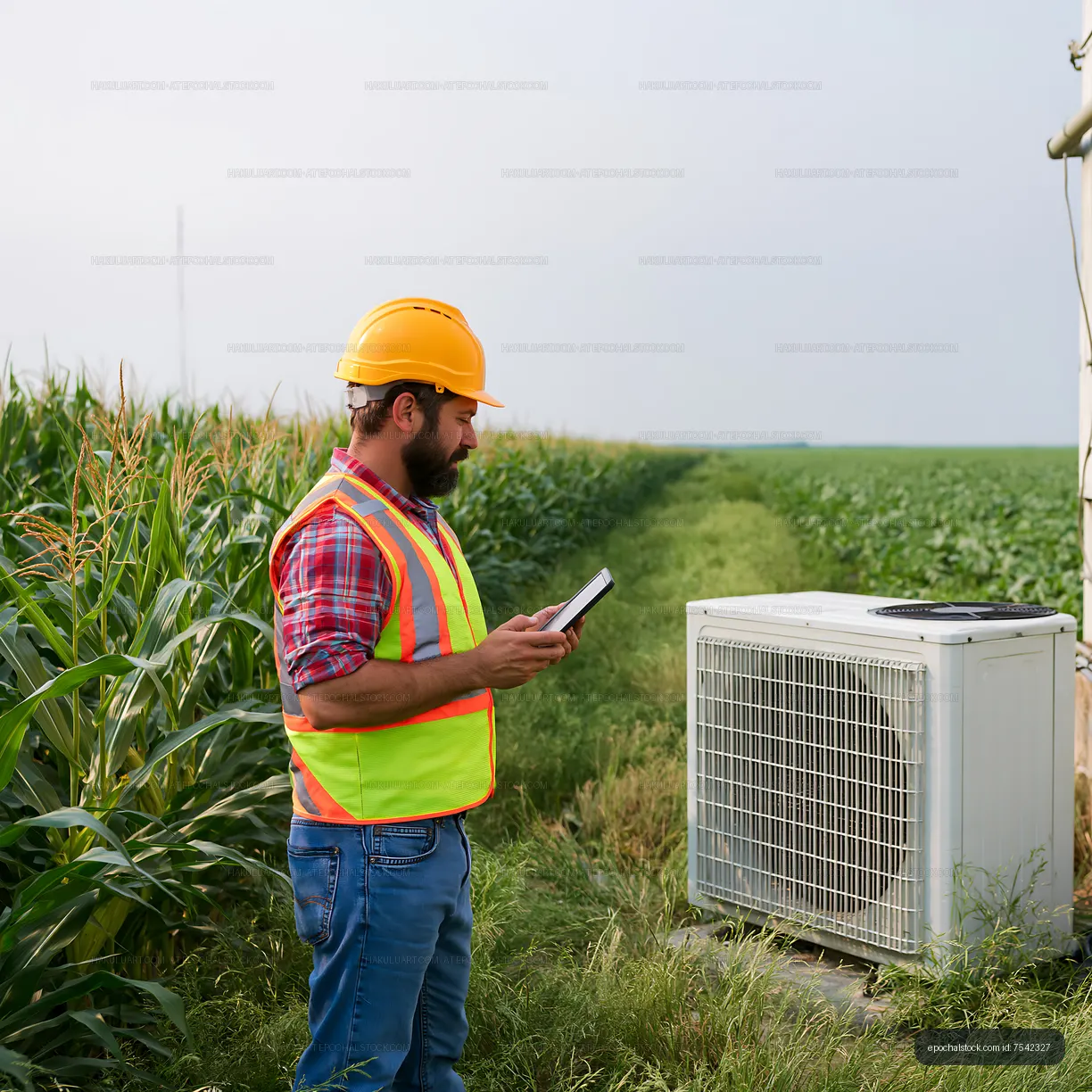 Man using tablet near air conditioning unit in cornfield