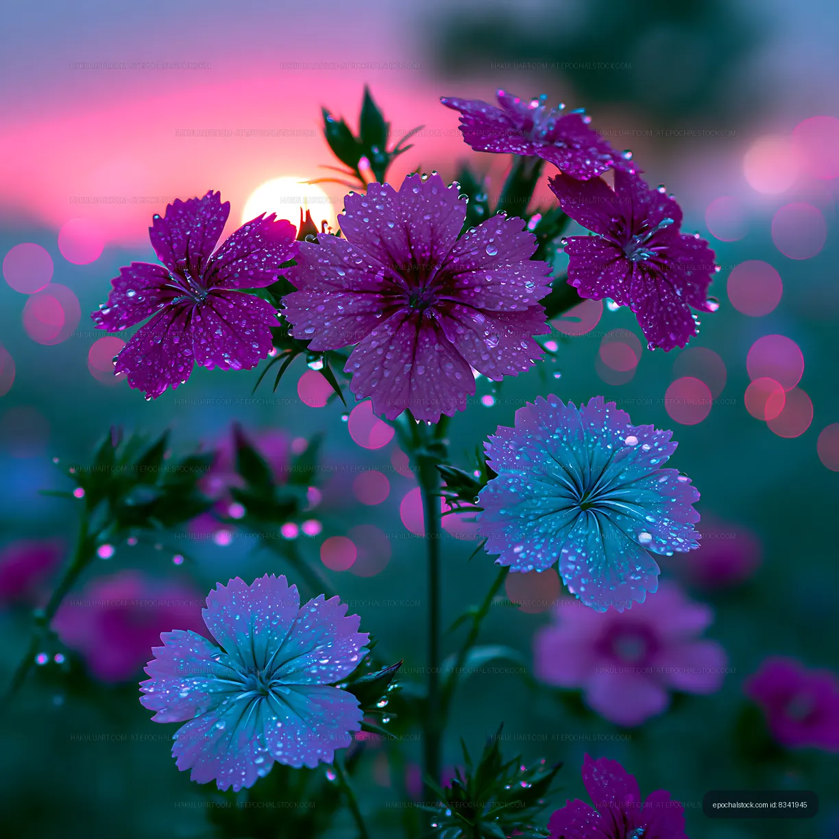 Colorful flowers with dew under a sunset sky