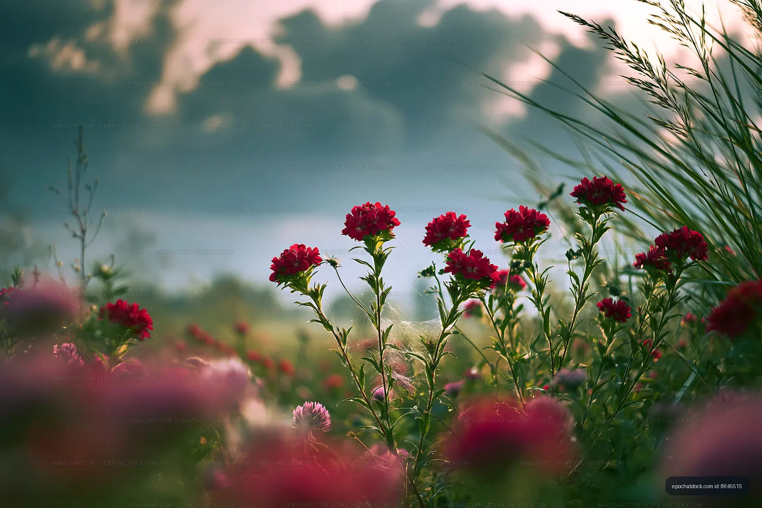 Colorful wildflowers bloom in a field during sunset