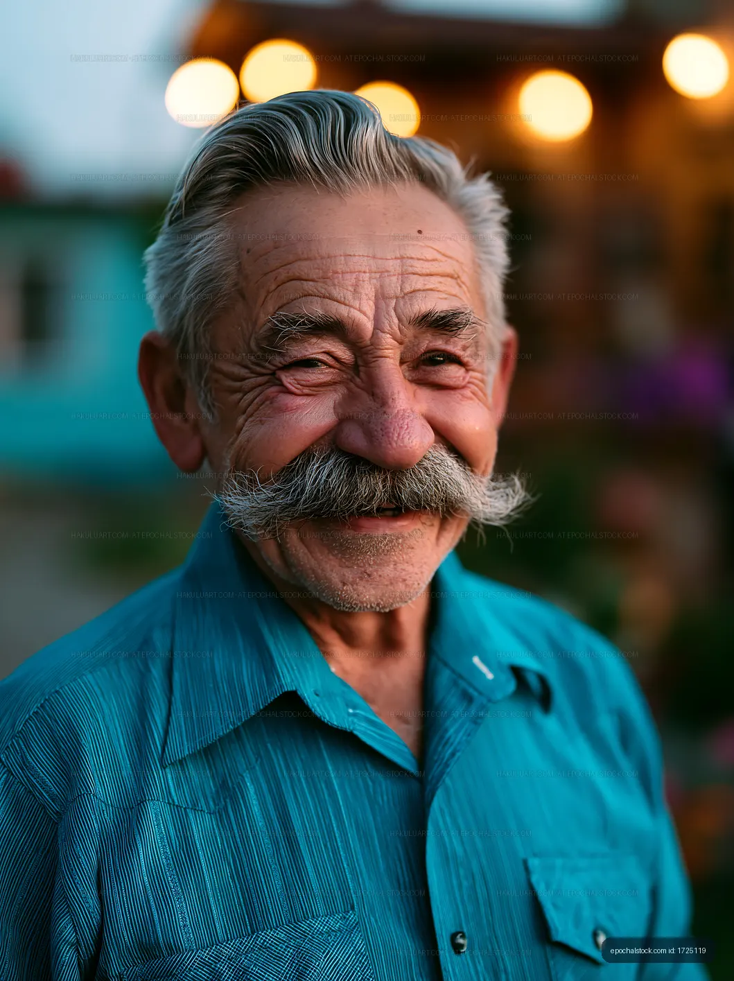 Elderly man with mustache smiles in outdoor setting at dusk