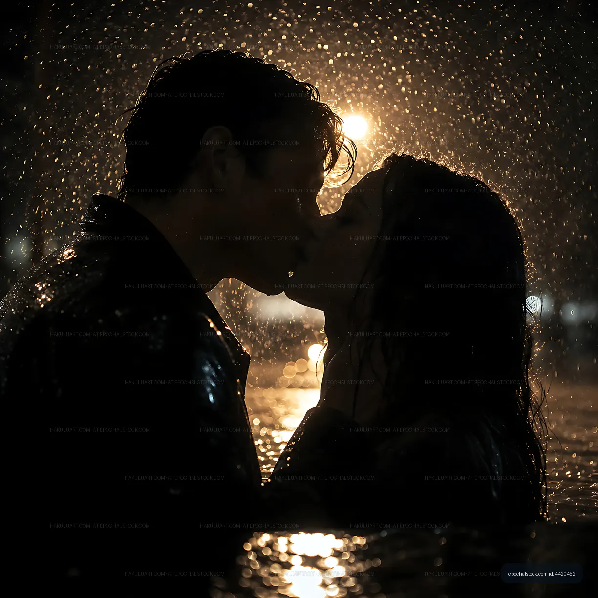 Couple kissing in the rain at night with city lights in background