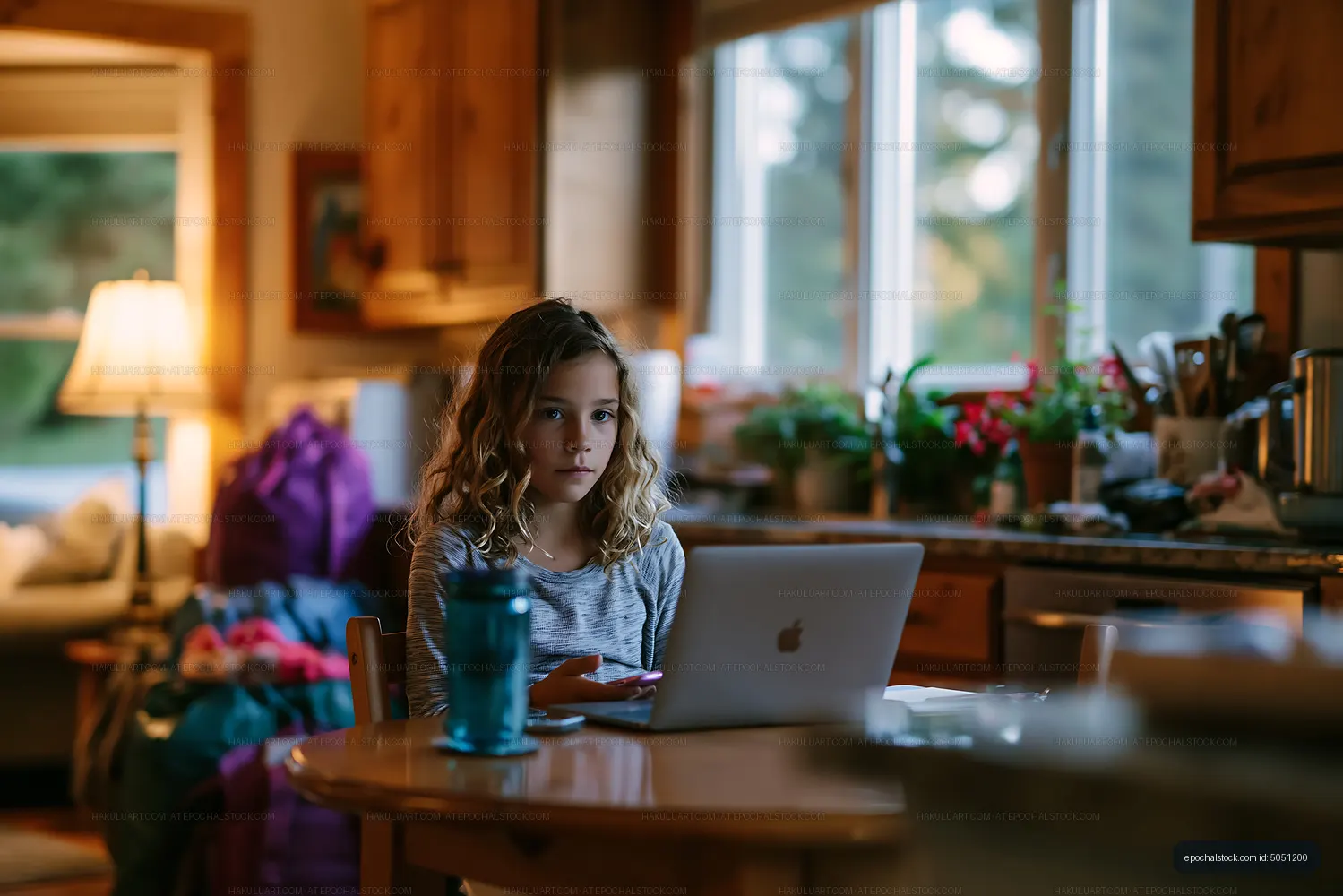 Child working on a laptop at home during the evening
