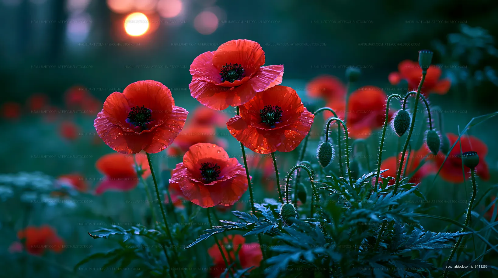 Red poppy flowers bloom at sunset in a natural setting