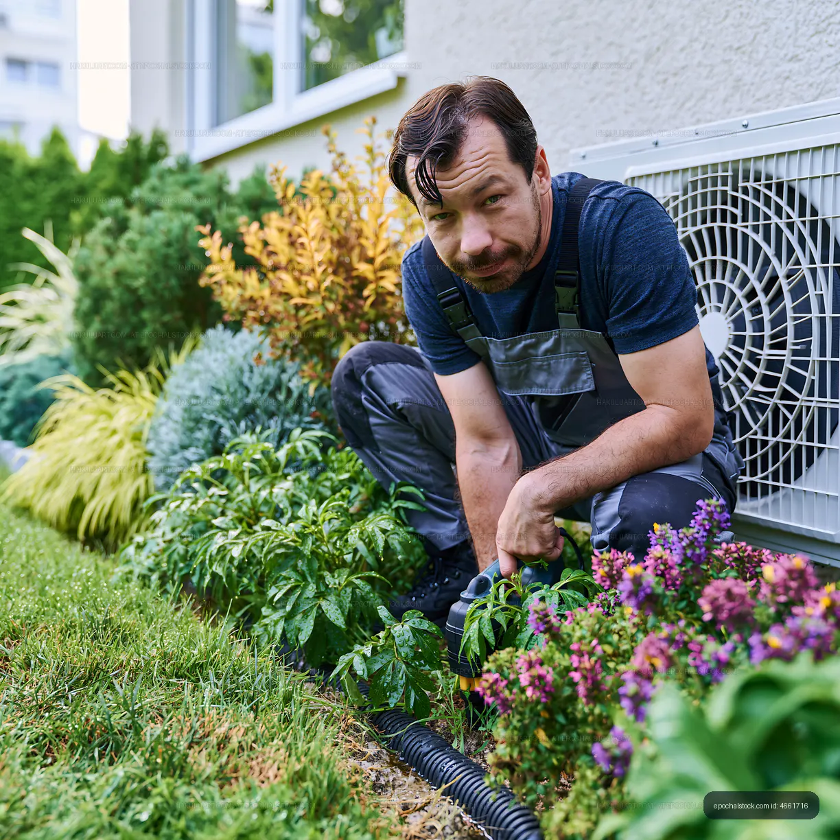 Gardener working on plants near an air conditioning unit