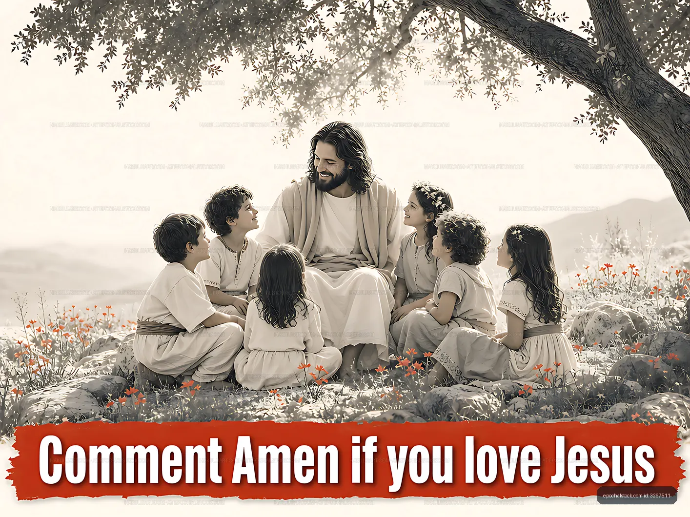 Jesus with children in a natural setting sharing a moment